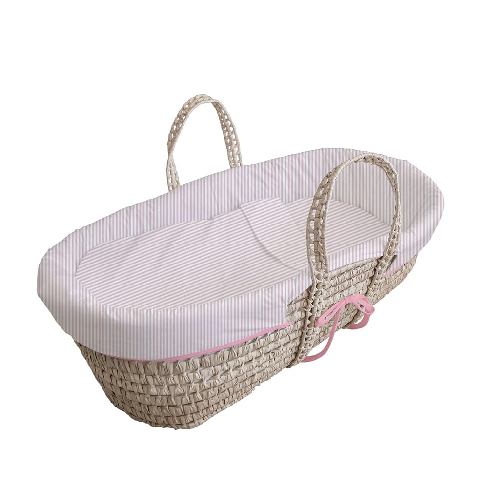 Tanuki Moisés de Mimbre Natural para Bebé con Base de Madera - Hecho a Mano - Colchón Incluido - Estilo nórdico Rayas Rosa