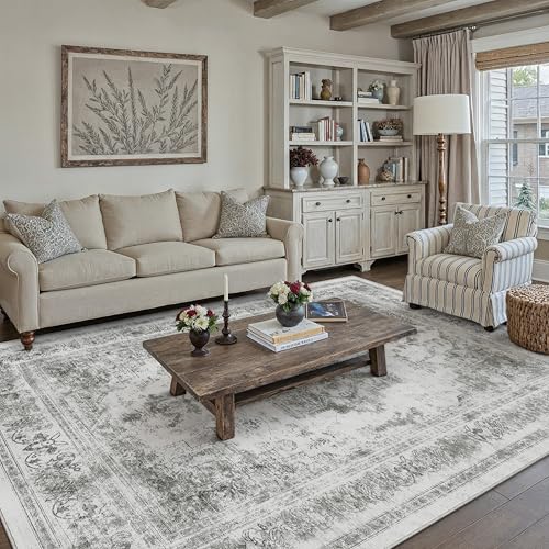 Washable Rug 6x9 Area Rug for Living Room Gray Vintage Boho Medallion Large Grey Distressed Retro Carpet Non Slip Indoor Low Pile Small Soft Bedroom Dining Room Home Office