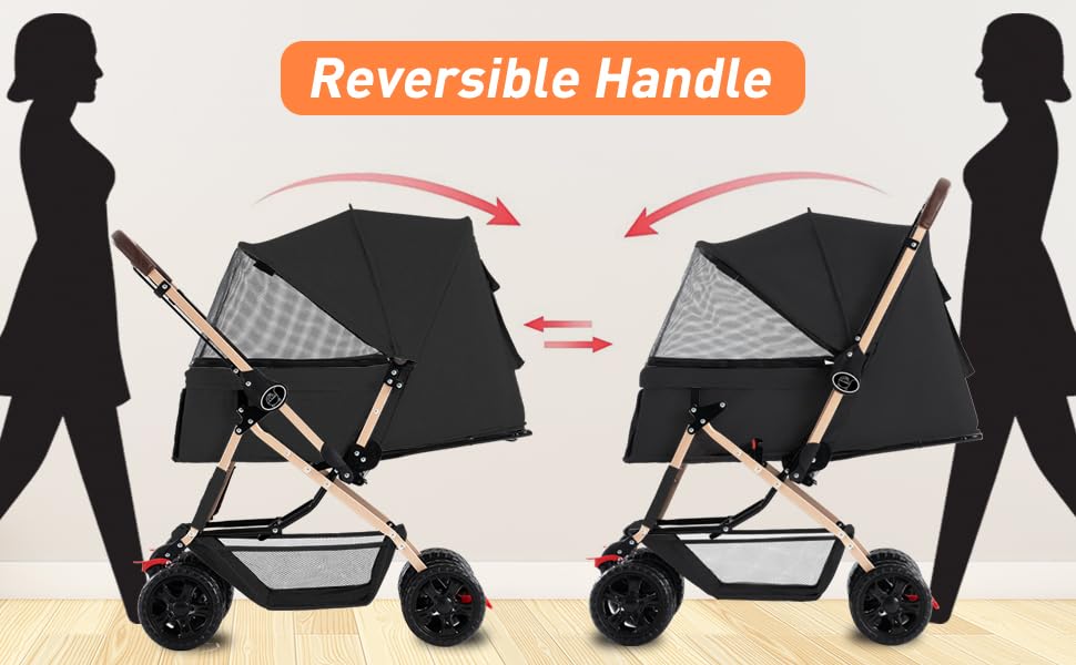 Miniatura 7 de Cochecito de perro para gatos y perros, carrito de cuatro ruedas con cubierta climática, con cesta de almacenamiento para perros y gatos pequeños y