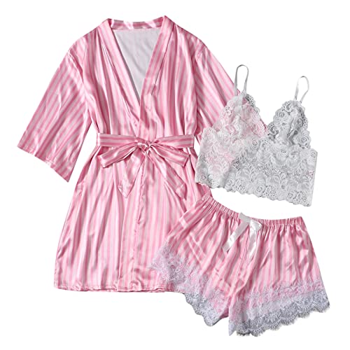 HGps8w Sleepwear for Women 3 Piece Stripe Satin Pajama Set Lingerie Lace Cami Pj Set Sexy V Neck Cami Top with Robe