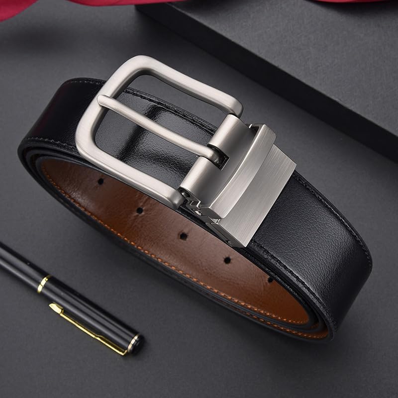 Men's Reversible Leather Belt with Rotating Buckle, Black, Casual Dress Belt4