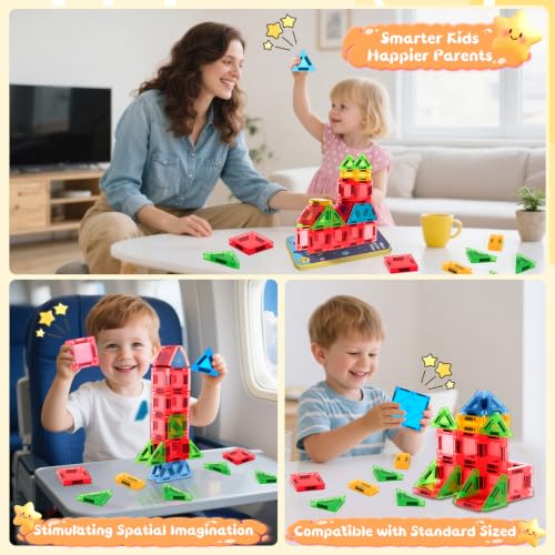 Image of Magnetic Tiles Magnetic Blocks Building Toy: Portable Mini Magnetic Tiles Travel Set 32 Pieces Montessori Toys Birthday Gift for Kids Girls and Boys Ages 3-12 Years Old Preschool Classroom Must Haves