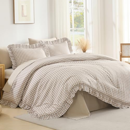 Andency Tan Gingham Ruffle Comforter Queen(90x90Inch) 3 Pieces(1 Ruffled Comforter and 2 Pillowcases) Solid Farmhouse Shabby Chic Bed Vintage Rustic Soft Polyester Bedding Set