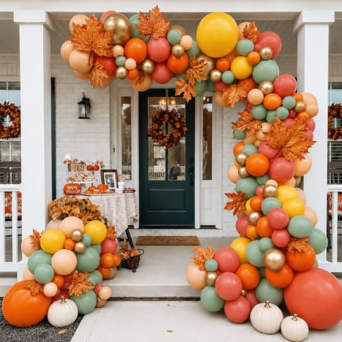 Image of Fall Balloon, Orange Yellow Green Beige Gold Balloon for Autumn Party Decor | Orange Mustard Yellow Sage Green Beige Metallic Gold Fall Color Latex Balloon, Thanksgiving Harvest Birthday Party Decor