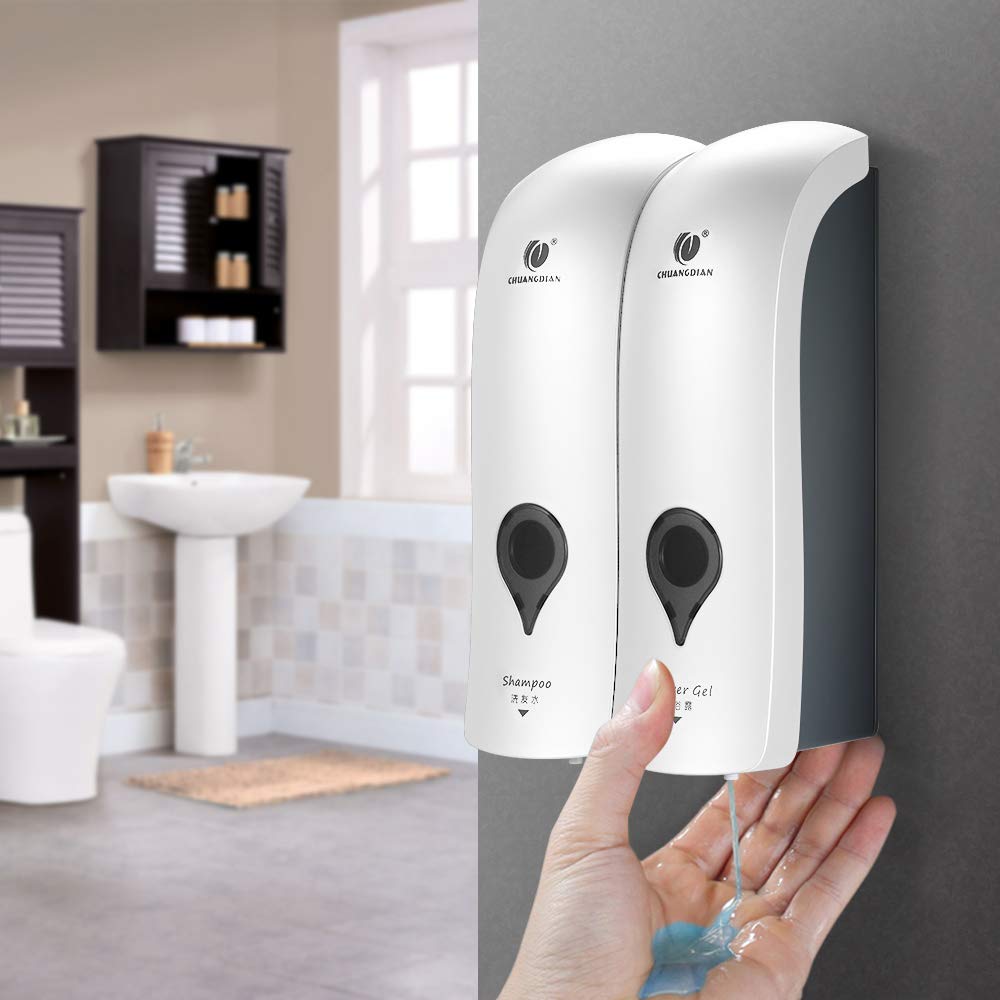 Decdeal 300ml x 2 Dispenser di Sapone Doppio,Dispenser di Sapone Liquido per Doccia Bagno Dispenser di Shampoo Bagnoschiuma (Bianco)