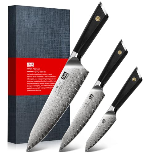Image of SHAN ZU 3 PCS Damascus Knife Set, Kitchen Knife Set in Damascus Steel