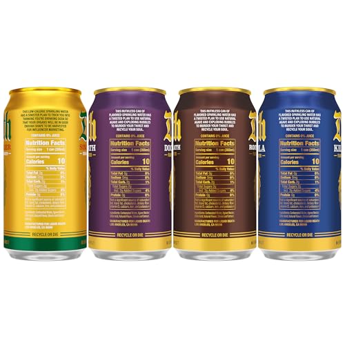 Image of Liquid Death Soda-Flavored Sparkling Water - Classic Variety 2, Less Sugar*, Huge Flavor, No Artificial Sweeteners, 4 Flavors: Sinister Ginger, Doctor Death, Cola, Root Beer, 12 Fl Oz (Pack of 12)