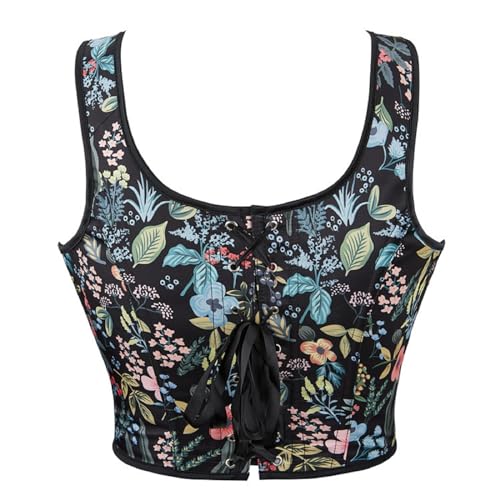 Women Vintage Floral Vest Ren Faire Corset Top Tie Strap Lace Up Back Bustier Tank Top Tight Fit Cropped Vest3