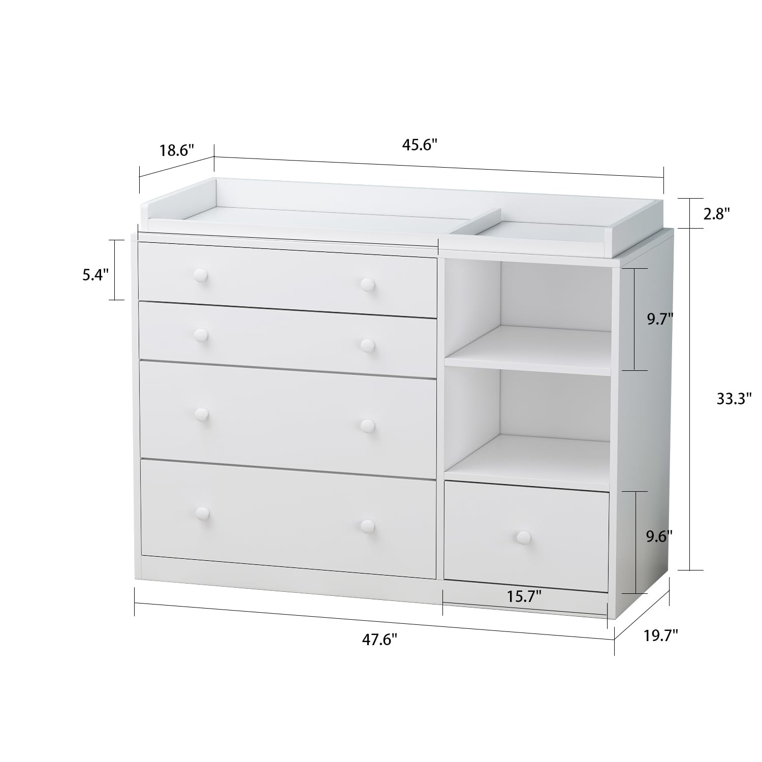 Commode à Langer PREMTURE Blanc 120x50x91.5cm - 5 Tiroirs Et Table à Langer - Meuble Bébé