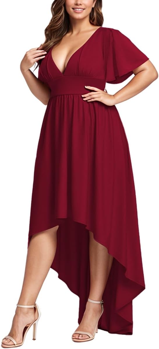 Elegant Dresses Formal Evening Cocktail Long Maxi Wedding Party Dress Sexy V Neck Ruffle Sleeve Hi Low Flowy Gowns - Image 2