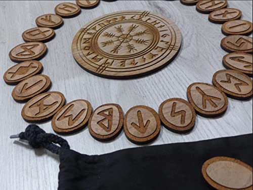 Generisch Vegvísir Vegvisir Wooden Rune Stones Set of 25 Runes 30 x 40 mm Compass 130 mm, Walnut, Runen 30x40mm Kompass 130mm - Image 3