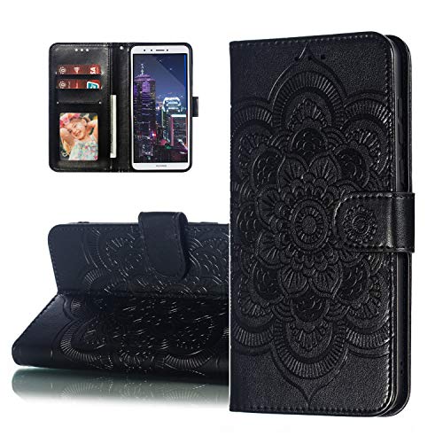 HMTECH Huawei Mate 20 Lite Custodia Cover Portafoglio,Huawei Mate 20 Lite Custodia Fiore di Mandala in Rilievo Wallet Shock-Absorption Magnetica Supporto Bumper Leather Flip Cover,LD Mandala Black