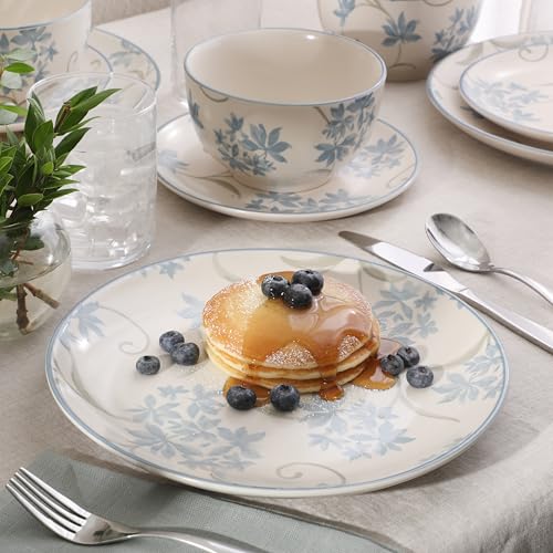 Image of Gibson Home Admiral Hall 12-Piece Matte Stoneware Dinnerware Set - Dinner Plates, Salad Plates & Bowls with Blue Floral Pattern, Durable Everyday Dish Set, Microwave & Dishwasher Safe
