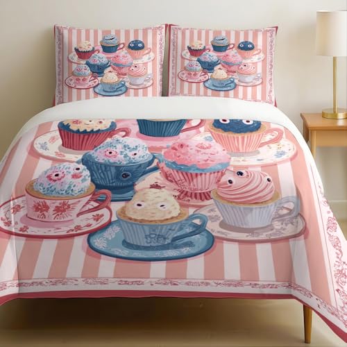 Housse de Couette 140 x 200 cm Dessert Cupcake Parure de Lit 1 Personne Enfant Adulte Rose Microfibre avec Taie d’Oreiller 65x65 cm