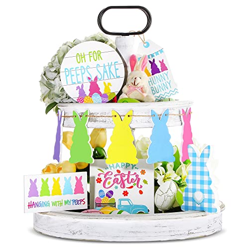 10 Pieces Tiered Tray Decor Farmhouse Mini Wood Signs Decorations for St. Patrick's Day Valentine's Day Easter Party Decoration (Rabbit Style)