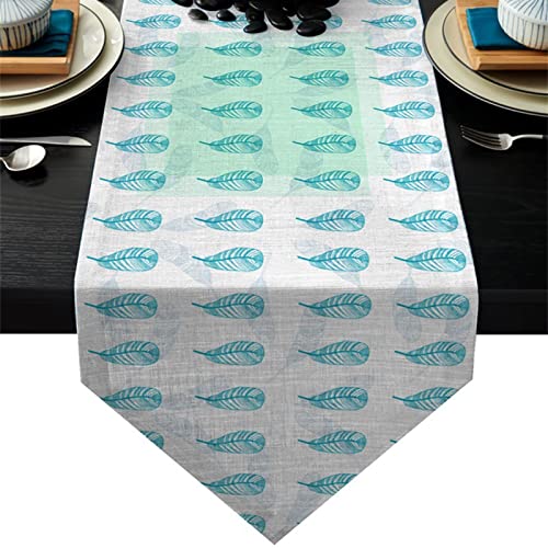 Chemin de table blanc feuilles de printemps en coton lin pour de repas de famille ensoleillés
