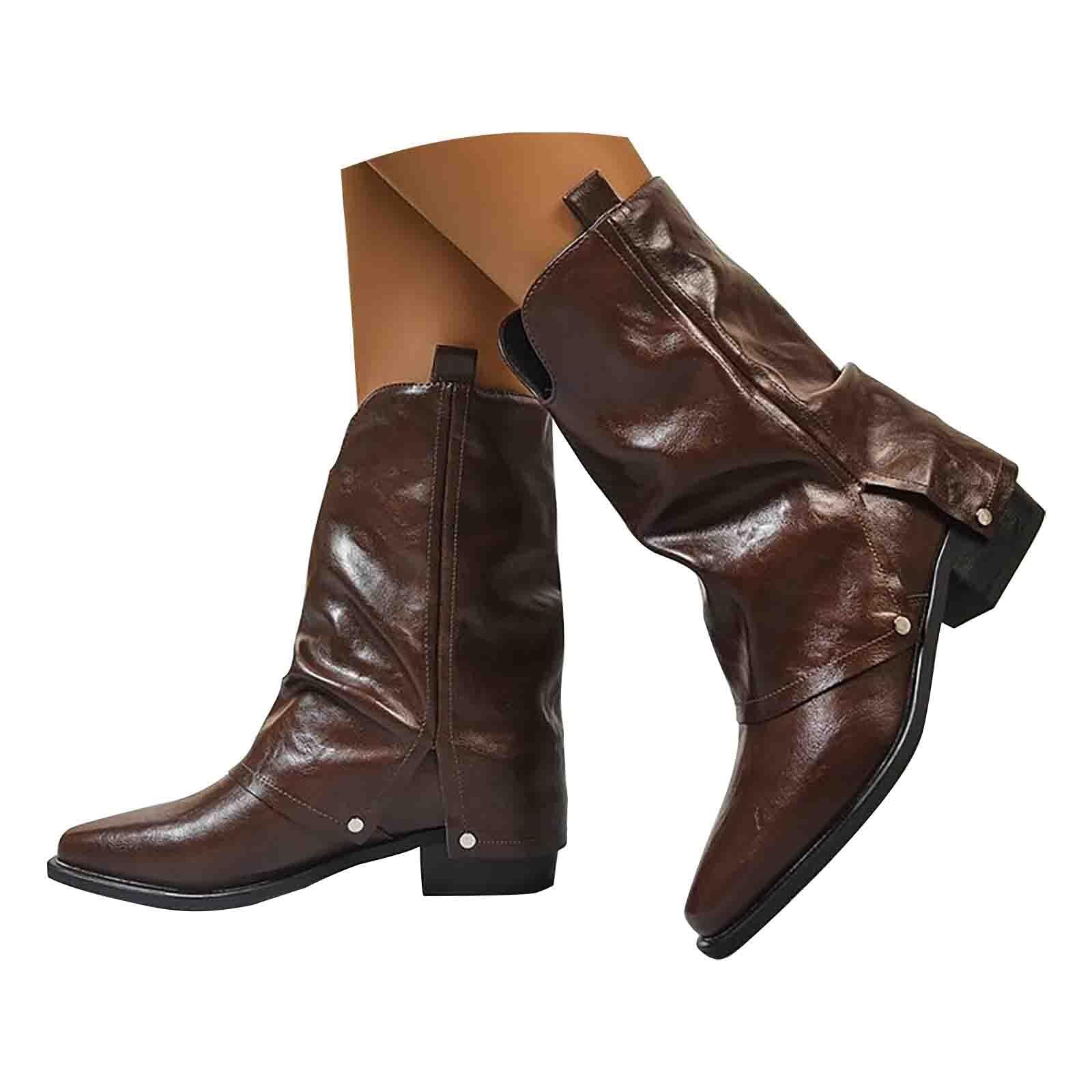FGUUTYM Bottes de western - Bottes de cowboy - En cuir - Avec talon bloc - Bottines pour femme - Avec talon pointu - Tige courte - En cuir - Pliable - Pour costume traditionnel traditionnel
