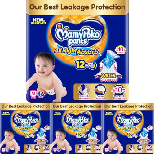 Image of New Mamypoko Pants Premium All Night Absorb| Pant Style Baby Diapers Medium Size(M), 46 Count, Ideal for 7-12Kgs|1 Diaper: Upto All Night Absorption now with 10% increased power|Wider Crisscross Sheet|Gentle Coco Care| 12hr Leakage Protection| Prevents Heaviness.