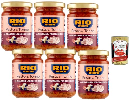 Italian Gourmet E.R. - Rio Mare Pesto al Tonno Lot de 6 sauces crémeuses au thon aux aubergines et tomates séchées - 6 x 130 g - Pour pâtes et bruschetta + polpa italien