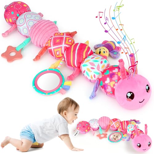 Baby Girls Toys 6-12 Months - Infant 6-in-1 Sensory Music Animal Stuffed Caterpillar Toy with Rattle & Mirror Crinkle for Tummy Time Newborn 0 3 6 9 12 18 Shower Gifts Soothing Companion Toys Pink
