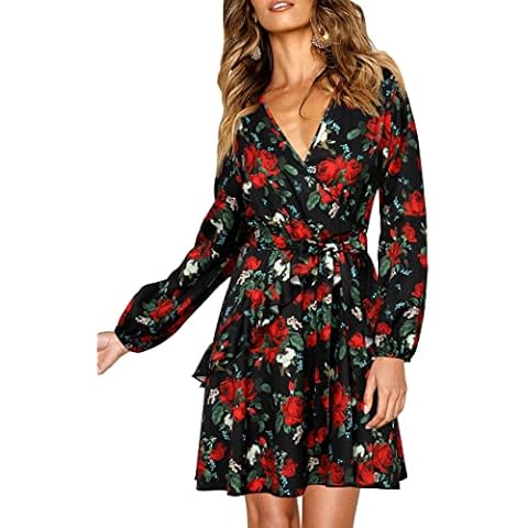 Enmain Women Long Sleeve V Neck Black Dress Red Rose Floral Print Mini Swing Wrap Design Party Wedding Guest Dress with Belt Cover
