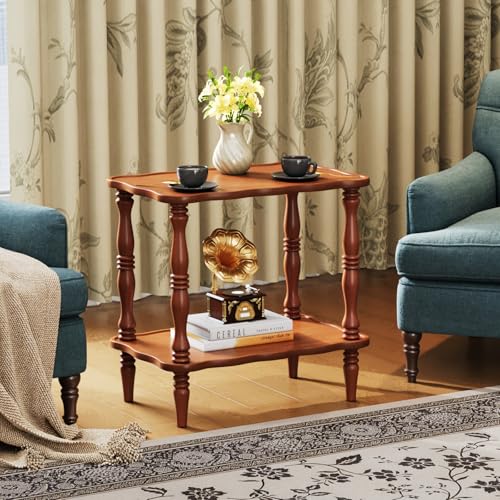 Image of Uniclinens Solid Wood End Side Table - Small Wooden Nightstand for Living Room Bedroom, Retro Brown