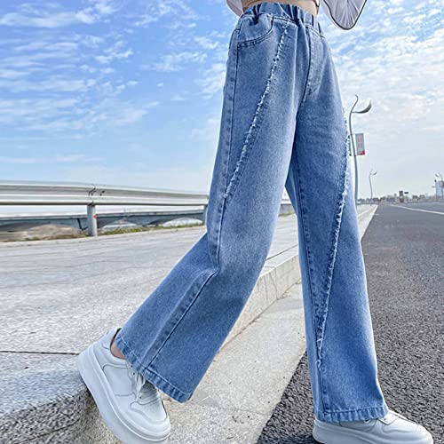 FEESHOW Girl's Vintage High Waisted Straight Leg Jeans Snug Fit Denim Pants Ripped Distressed Washed Baggy Pants3