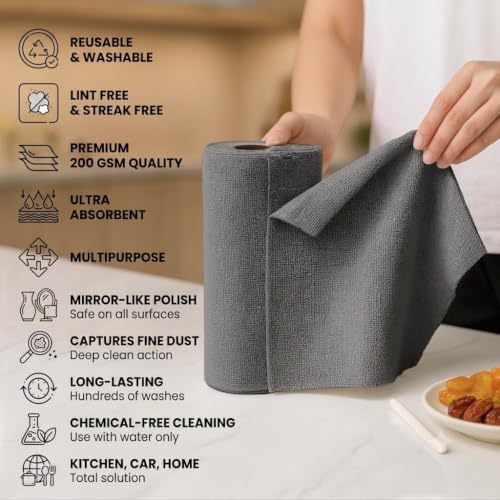 Image of Large Microfiber Cleaning Cloth Roll, 20 Cloth Roll Pack, Reusable Lint Free Kitchen Cleaning Cloth, Super Absorbent Multipurpose Wiper for Kitchen, Glass, Car & Home |