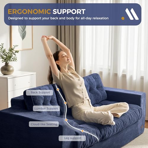 Image of MAXYOYO Loveseat Sofa Couch, Upholstered Bean Bag Chair Cloud Seat for Adults, Boneless Couch with Cushion & Pillows, Sofa in A Box, No Assembly Required, Corded Navy, 3-Seat