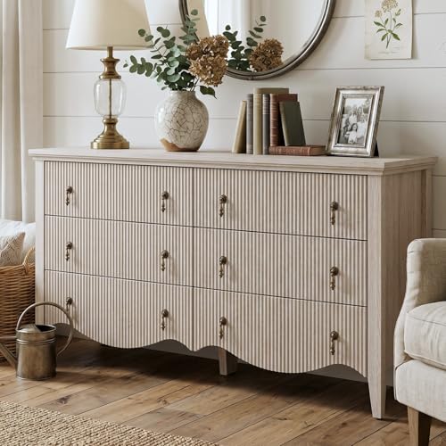 Image of 6-Drawer Fluted Dresser, 52 inch Wide Double Chest of Drawers,Nature Oak