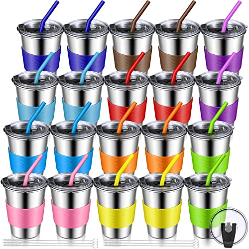Rtteri 20 Set Kids Cups With Straws And Lid,11.8 Oz Leakproof Cups, Toddlers Stainless Steel Tumbler, Sippy Metal Cups With 6 Brush And 10 Colors Sleeves For Indoor Outdoor #TOP20