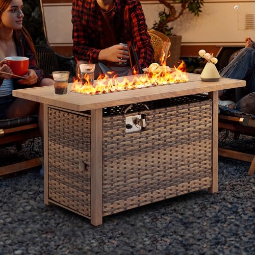 Image of NUU GARDEN 43 inch Propane Fire Pit Table, 50,000 BTU CSA-Listed Outdoor Gas Fire Pit with Rattan Frame, Lid and Glass Beads for Backyard, Deck and Garden, Brown