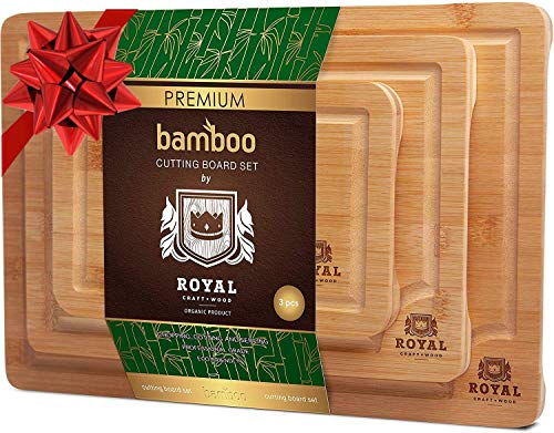 Organic Bamboo Cutting Board with Juice Groove (3-Piece Set) - Best Kitchen Chopping Board for Meat (Butcher Block) Cheese and Vegetables | Anti Microbial Heavy Duty Serving Tray w/Handles (Renewed)