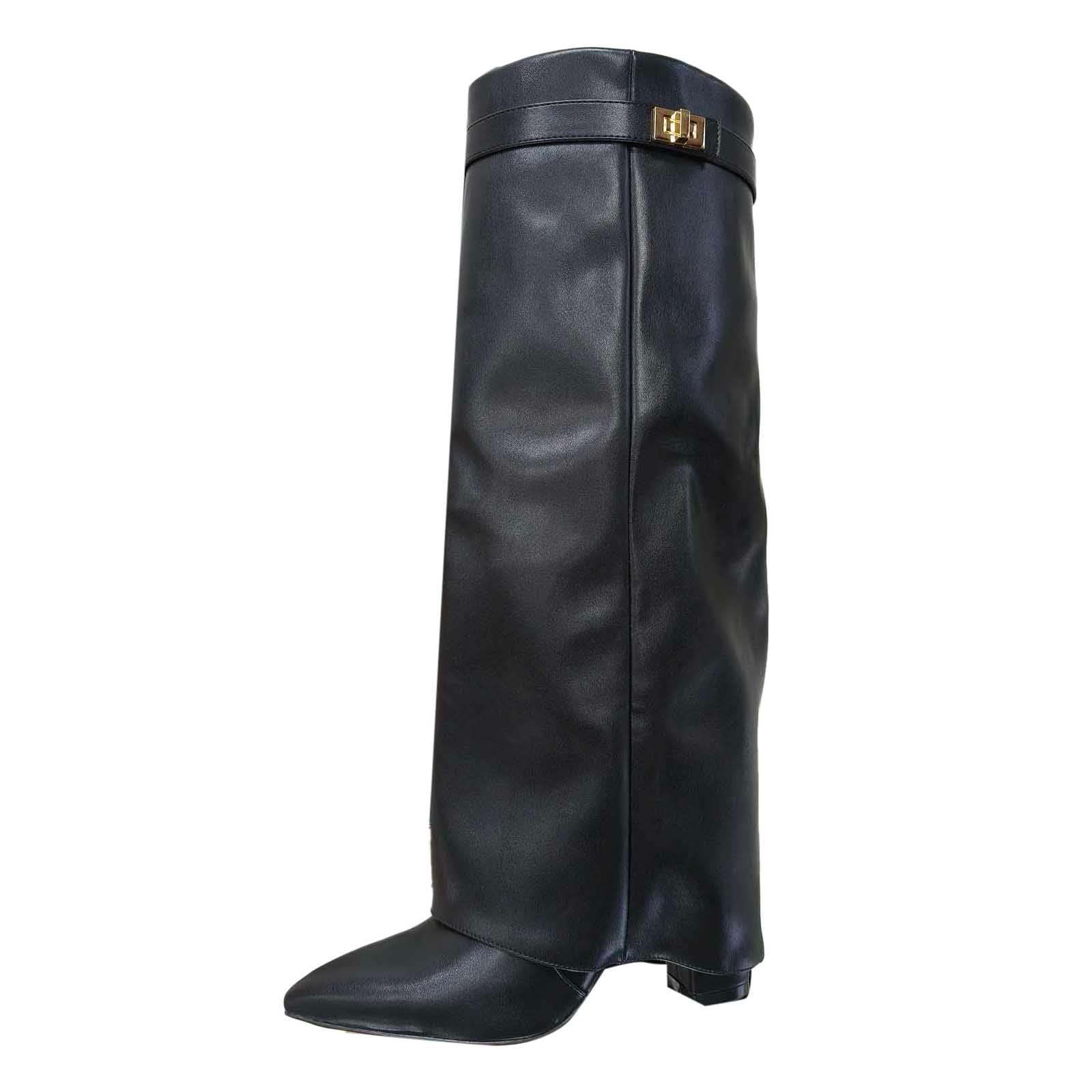 pvucpot Stivali Donna Invernali Cowboy Stivaletti Alti Tacchi Biker Fold Over Boots con Tacco