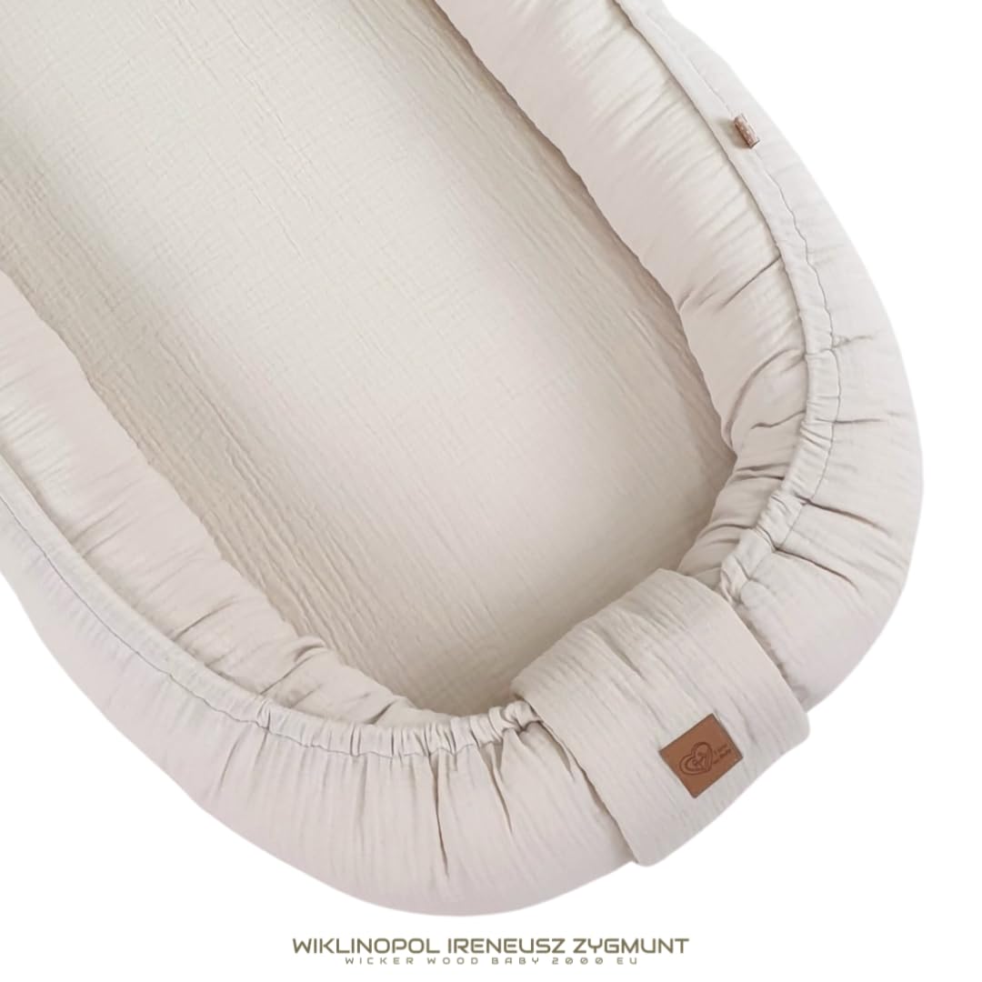 WIKLINOPOL Babynest, Nestchen für Neugeborene – Baby Nestchen 80x46 cm in Beige, Tragbares Nest aus Musselin - Baby Nest für Neugeborene mit herausnehmbarer Matratze