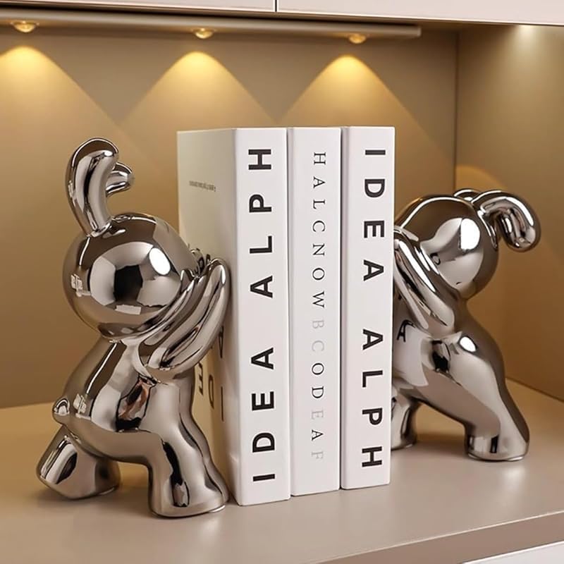 KryZaroシンプルセラミックウサギブックエンド 1 ペアセット 黒白/シルバーカラー 本棚装飾 &amp; 書籍整理両用 ユニー