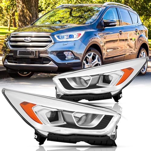 Headlights Assembly with Bulbs for 2017 2018 2019 Ford Escape S SE SEL Titanium Halogen Headlamps w/LED DRL Replacement Driver and Passenger Side Pair (LH RH),Chrome Housing Amber Reflector