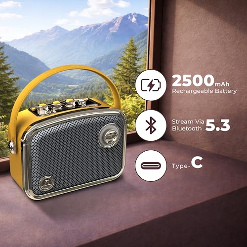 Image of iGear Classic Retro Bluetooth Speaker with Wireless Mic | 50W Powerful Sound, 2500mAh Battery, Bluetooth 5.3, MP3 Player, AUX | Portable Karaoke Speaker for Home, Parties | Yellow | 1 Year Warranty