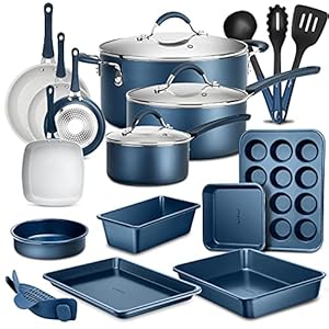 NutriChef 20 Piece Professional Home Kitchen Cookware and Bakeware, Pots and Pans Set Non Stick Kitchenware, Cool-Touch Handles, Safe for Gas, Electric, Induction Cooktops, Easy Clean, Blue, Navy