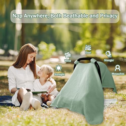 Image of Hooyax 2-in-1 Baby Car Seat Cover & Nursing Cover, 100% Muslin Cotton, Breathable Car Seat Canopy and Privacy Breastfeeding Cover, Green