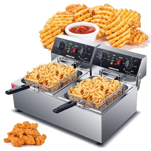 MJMLUCK Hornilla eléctrica Comercial con Tanque Doble, Temporizador y Control de Temperatura. Incluye Dos cestas de Acero Inoxidable y protección contra sobrecalentamiento para una cocción
