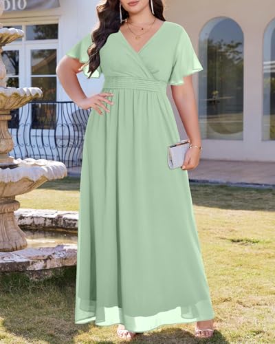 Image of Talisea Plus Size Formal Dresses - V Neck Flutter Sleeve Glitter Prom Evening Gowns Wedding Guest Chiffon Long Maxi Dress