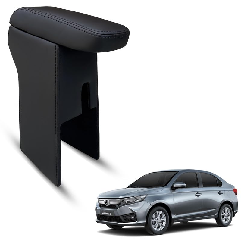 Image of Carigiri Premium Finish Car Armrest with Storage Box And High Density Moulded Foam For Honda Amaze (Models-2018-2024) (Black With Black Double Stitching,Nappa Leatherette)