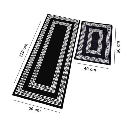 Image of Matz&More Anti Slip Kitchen Runner & Doormat Combo (50x120cm + 40x60cm), Nylon Tufted Floor Mat with Rubber Backing, Carpet for Kitchen, Hallway, Entrance & Bedside, Greek Black White