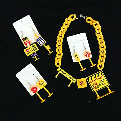 Funny Acrylic Simulation Earrings Traffic Construction Road Signs Barricade Childlike Earrings Funny Hip Hop Ear Clip Personalized Necklace Set2
