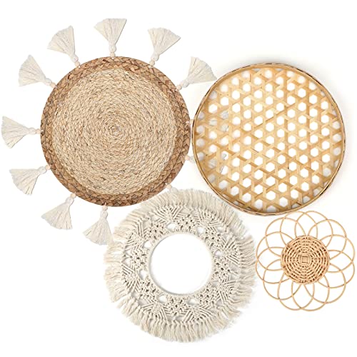 Image of Set of 4 Boho Wall Basket Decor Wall Hanging Rattan Macrame Decor Flat Round Wicker Woven Macrame Tassels Tapestry Bamboo Wall Basket Handmade Serving Tray Art for Room Bedroom Living Room