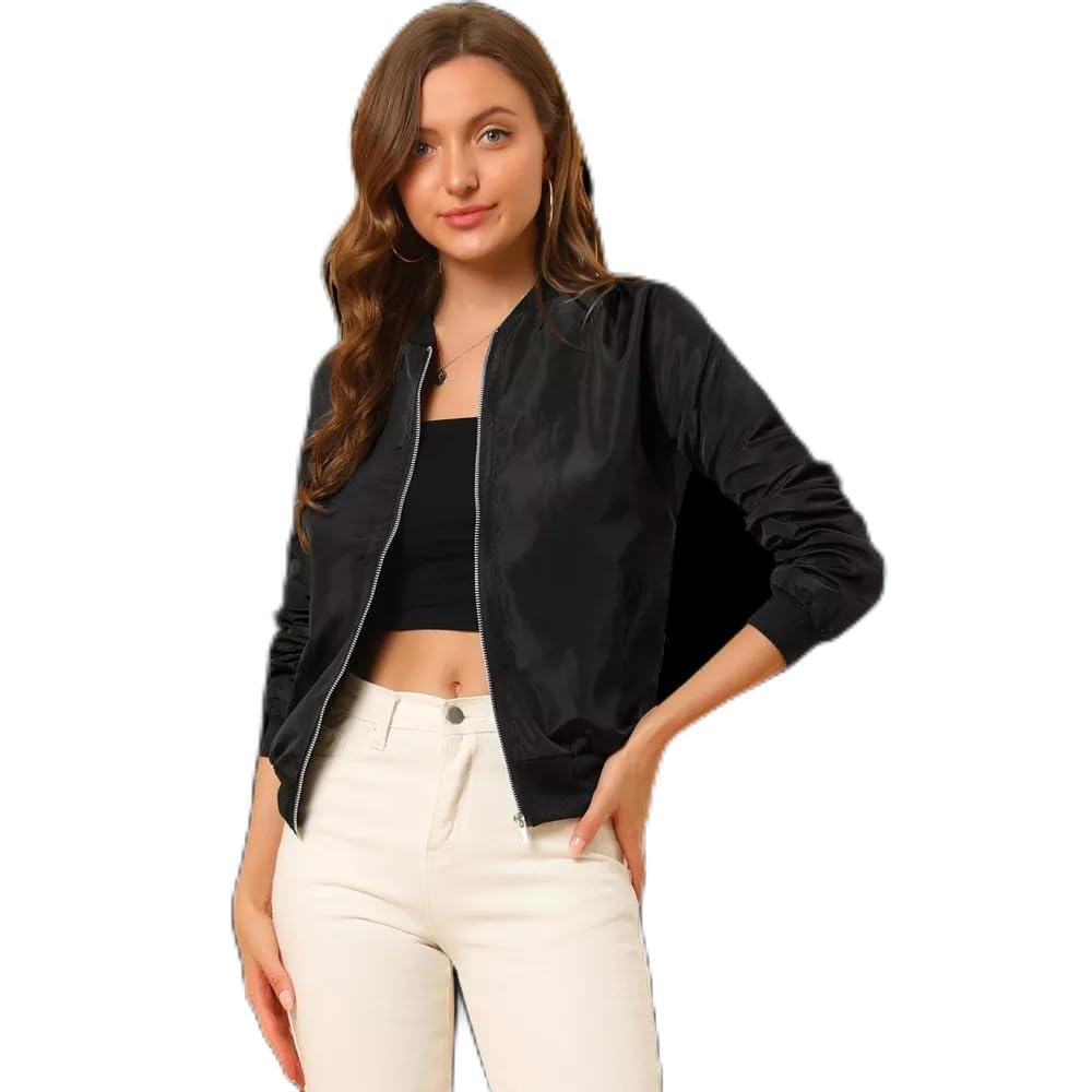 women's solid bomber jacket – lightweight zip-up stylish casual wear – full sleeve windcheater for girls & women