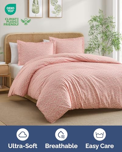 Image of Duvet Cover Twin /TXL Size Set - Extra Soft Floral Duvet Cover 68 x 90 with 1 Pillow Sham - Comfy, Cozy Breathable Floral Bedding Set - Hotel Luxury & Fade Free w / Zipper Closures & Ties - Pinkfield