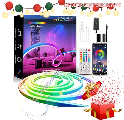 BUNACET Neon LED Streifen 8m, RGB+IC Neon Halloween-Röhre, 768 LEDs mit Fernbedienung & Netzteil, IP65 wasserdicht, Musik-Sync, 24V flexible Silikon-Beleuchtung für Innen/Außendekoration DIY