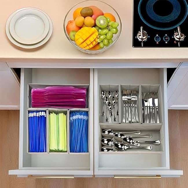 Kitchen Drawer Organizer ¨C Set of 4 Rigid Fabric Bins ¨C Fits Gallon, Quart, Sandwich & Snack Bags ¨C Also Great for Utensils & Silverware